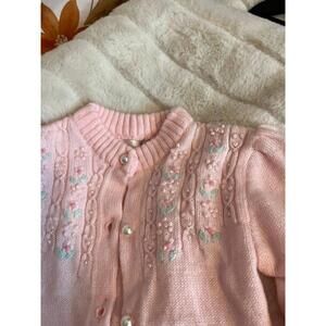 Vintage Grand Baby Girl 12M Sweater Cardigan Pink Faux Pearl Girlhood Grannycore